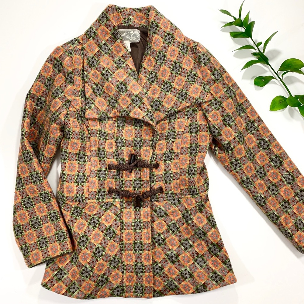 Nick & Mo Retro/Vintage-Look Orange & Brown Woven Coat with Toggles